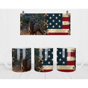 Coffee Mug Bull Elk, America Flag, Mug, Hunters Novelty Cup Gift For Men Him Dad